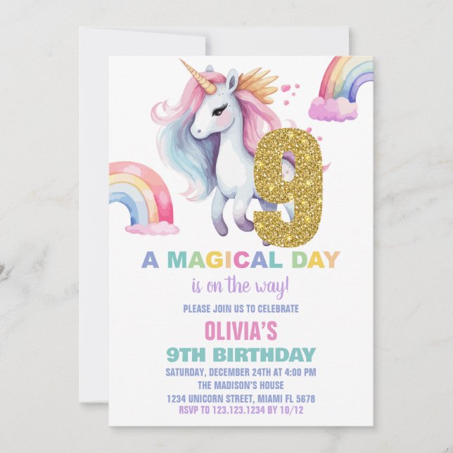 9th Rainbow Unicorn Birthday Invitations Glitter (Front)