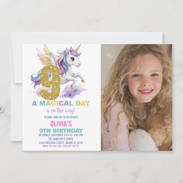 9th Rainbow Unicorn Birthday Invitations w photo (Front)
