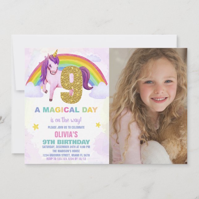 9th Rainbow Unicorn Birthday Invitations w photo (Front)