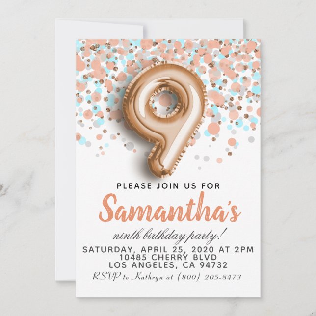 9th Rose Gold Birthday Invitation (Front)
