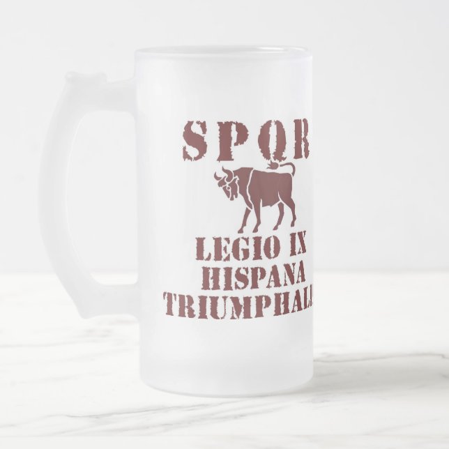 9th Spanish Triumphant Roman Legion Bull Glass Frosted Glass Beer Mug (Left)