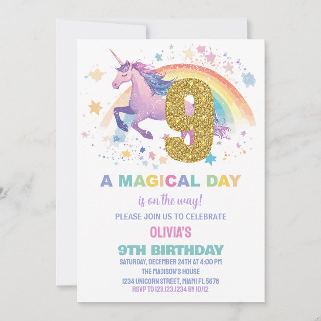 9th Unicorn Birthday Invitations (Front)