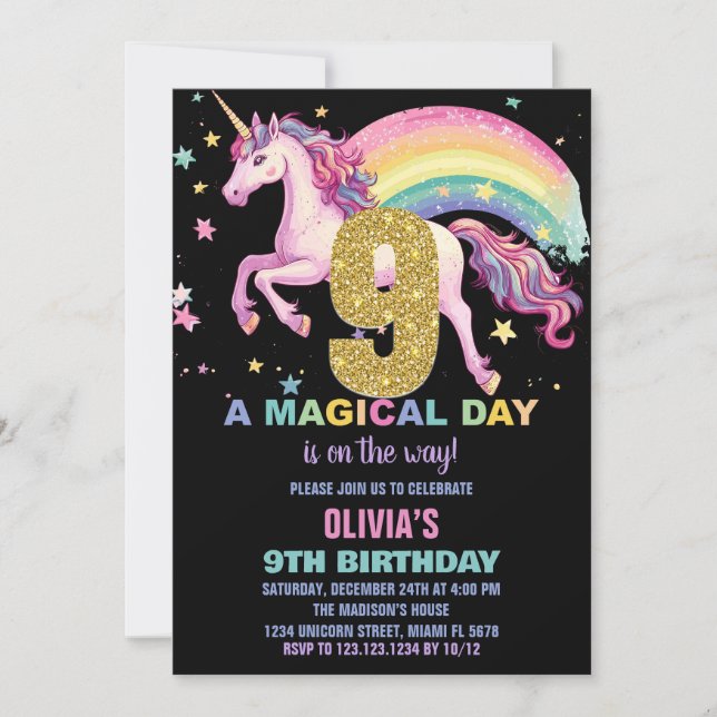 9th Unicorn Birthday Invitations Black (Front)