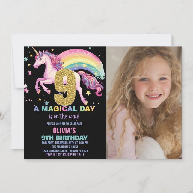 9th Unicorn Birthday Invitations Black with photo (Front)