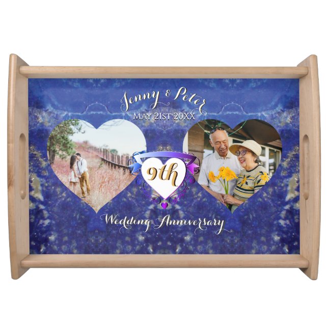 9th Wedding Anniversary 2 Photos Lapis Hearts Serv Serving Tray (Front)