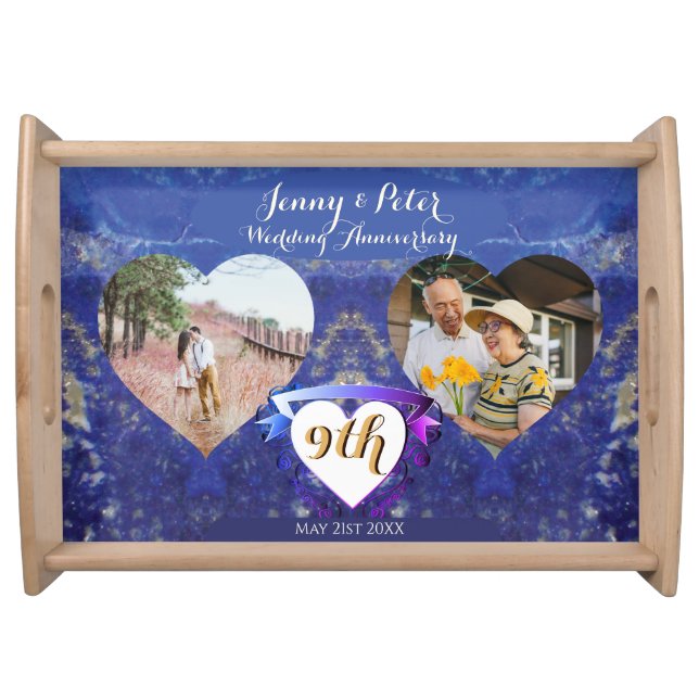 9th Wedding Anniversary 2 Photos Lapis Hearts Serv Serving Tray (Front)