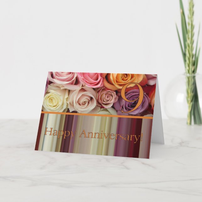 9th Wedding Anniversary Card - Pastel roses stripe (Front)