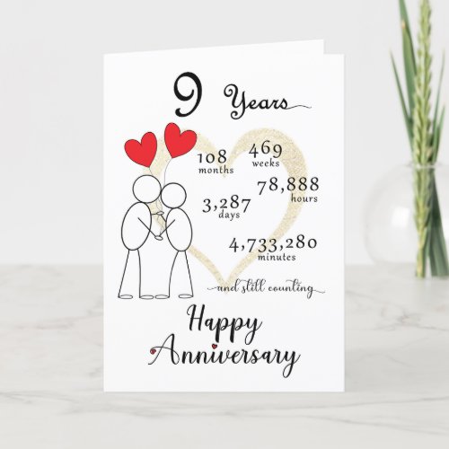 9th Wedding Anniversary Card with 2 heart balloons