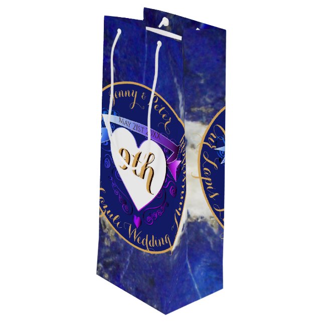 9th Wedding Anniversary Lapis Lazuli Color   Wine Gift Bag (Back Angled)