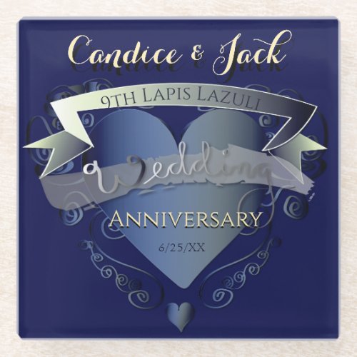 9th Wedding Anniversary Lapis Lazuli Glass Coaster