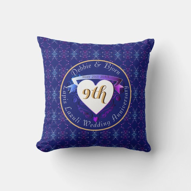 9th Wedding Anniversary Lapis Lazuli Hearts Throw Pillow (Front)