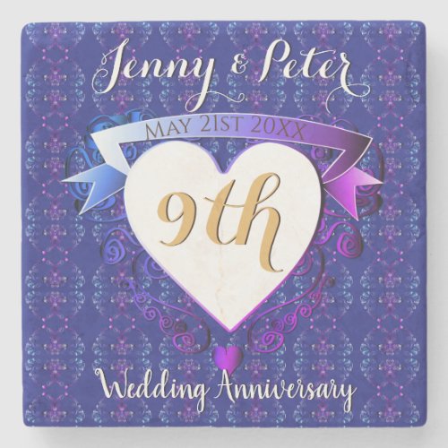 9th Wedding Anniversary Lapis Lazuli wHeart Emblem Stone Coaster