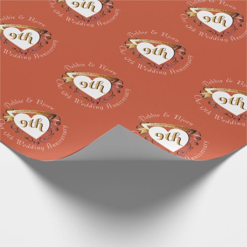 9th Wedding Anniversary Terracotta Heart Medallion Wrapping Paper