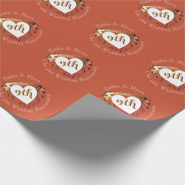9th Wedding Anniversary Terracotta Heart Medallion Wrapping Paper (Corner)