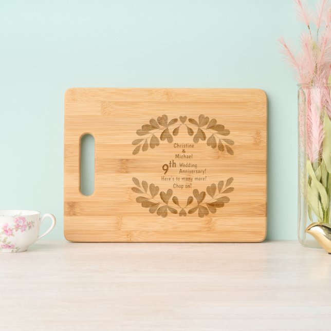 9th Willow Wedding Anniversary Eucalyptus Engraved Cutting Board (Upright)