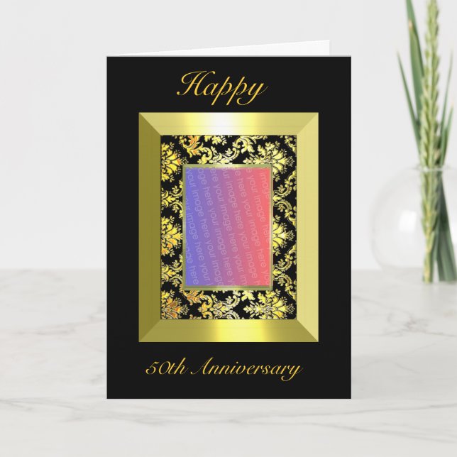 A1 50th Anniversary Gold Black Damask Photo Invitation (Front)