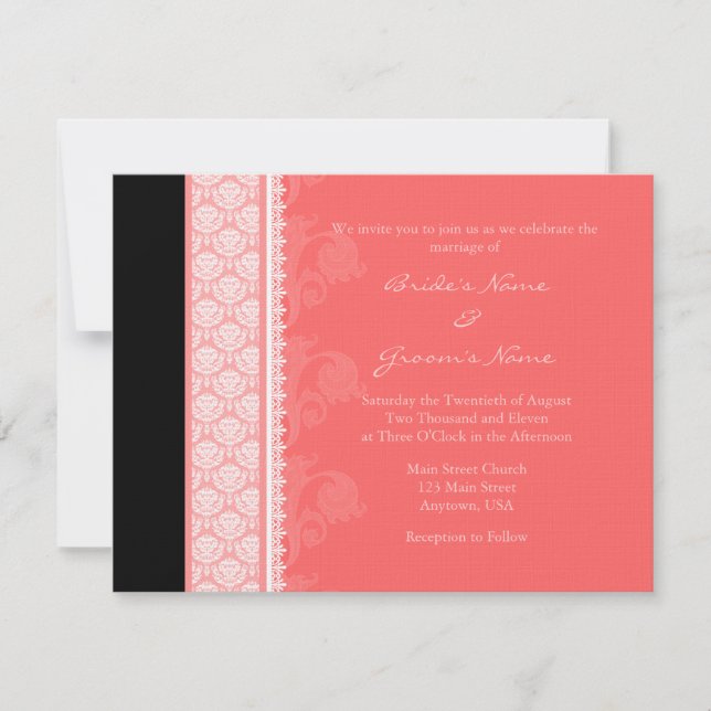 A2 Coral Pink One-Side Damask Wedding Invitations (Front)