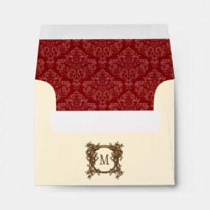 A2 Cream & Red Floral Crest Damask Monogram Envelope