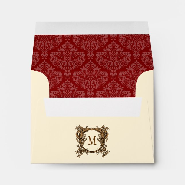 A2 Cream & Red Floral Crest Damask Monogram Envelope (Back (Bottom))