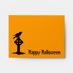 A2 Crow on Gravestone Orange Halloween Envelopes