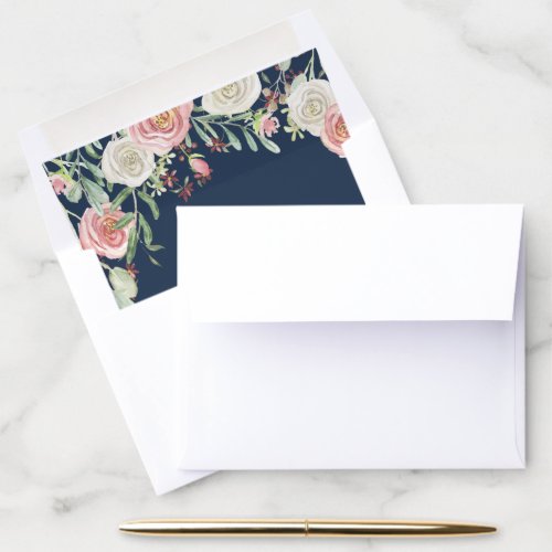 A2 Navy Blush Wedding Rose Floral Eucalyptus Leaf Envelope Liner