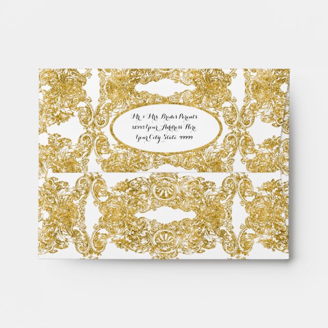 A2 Note Card Gold Glitter Engraved Floral Damask Envelope (Back (Top Flap))