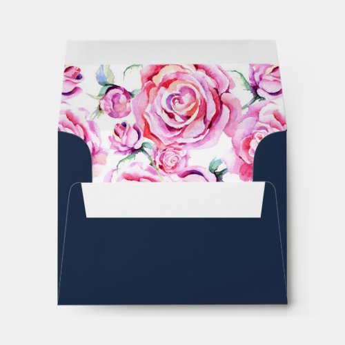 A2 Pink Navy Blue Roses Wedding Return Address Envelope