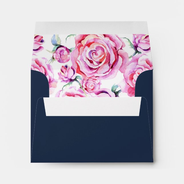 A2 Pink Navy Blue Roses Wedding Return Address Envelope (Back (Bottom))