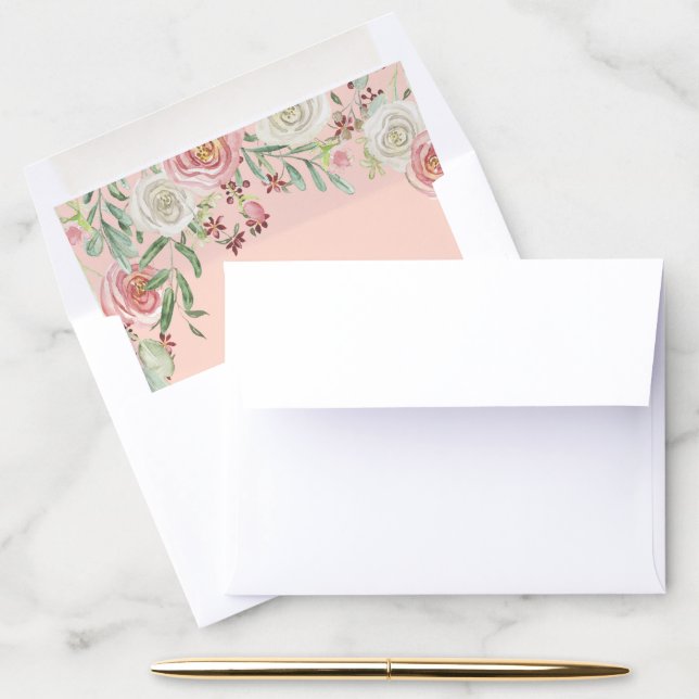 A2 RSVP Blush Wedding Rose Floral Eucalyptus Leaf Envelope Liner (Desk)