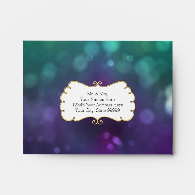 A2 RSVP Return Peacock Color Bokeh Gold Glitter Envelope (Front)