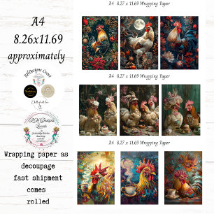 A4 Rooster Collection Wrapping Paper Decoupage 