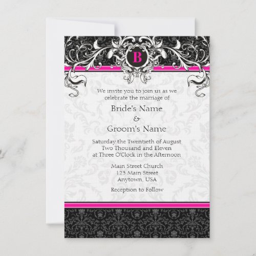 A6 Hot Pink  Black Damask Monogram Wedding Invite