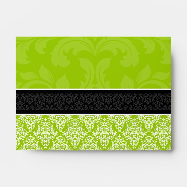 A6 Lime Green Black & White Damask Lined Envelopes (Front)