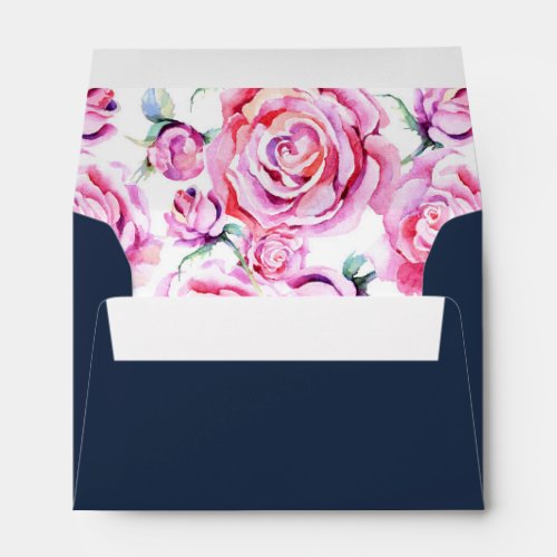 A6 Pink Navy Blue Roses Wedding Return Address Envelope