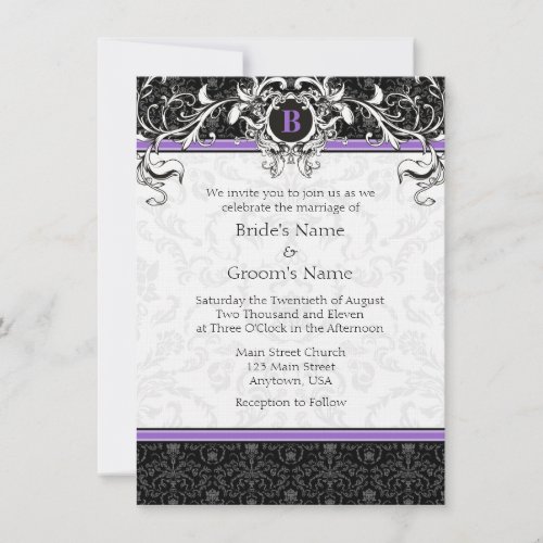 A6 Purple  Black Damask Monogram Wedding Invites