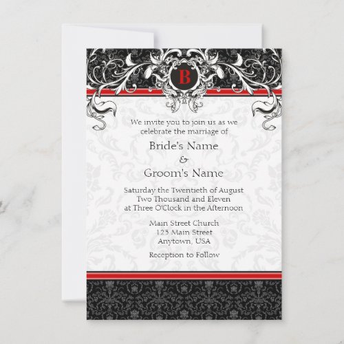 A6 Red &amp; Black Damask Monogram Wedding Invitations