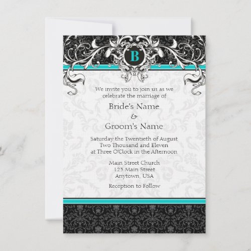 A6 Turquoise Black Damask Monogram Wedding Invite