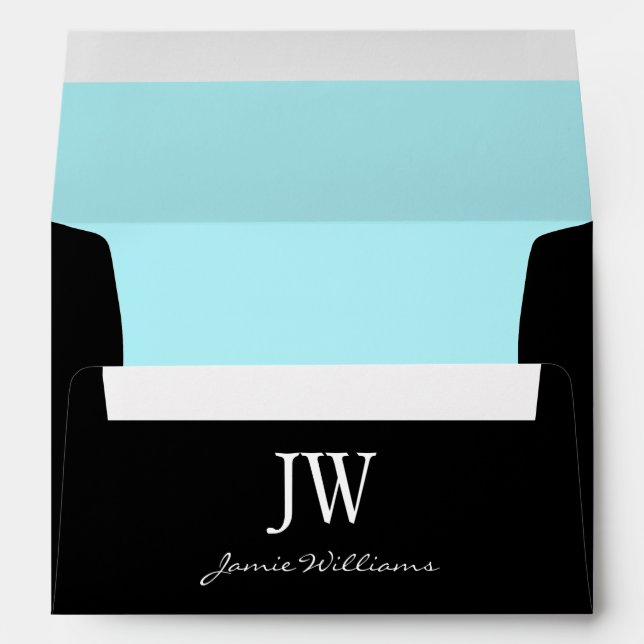 A7 Black and Aqua Blue Monogram Envelopes (Back (Bottom))
