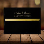 A7 Black Gold Foil Return Address Wedding Mailing Envelope<br><div class="desc">A black 5x7 envelope with a faux Gold foil Lining Inside. This elegant and sparkly metallic gold all purpose envelope is a classy way to send invitations. You can customize and personalize your name and address on the back flap. Great for special occasion invites, thank you cards, announcements or every...</div>
