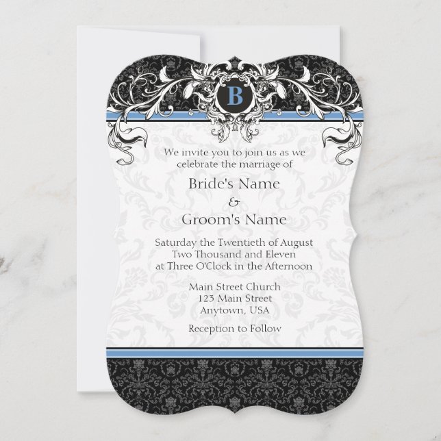 A7 Blue & Black Damask Monogram Wedding Invites (Front)