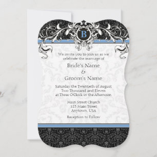 A7 Blue & Black Damask Monogram Wedding Invites