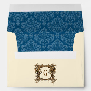 A7 Cream Navy Blue Damask Monogram Wedding Envelope