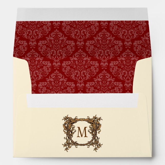 A7 Cream & Red Floral Crest Damask Monogram Envelope (Back (Bottom))