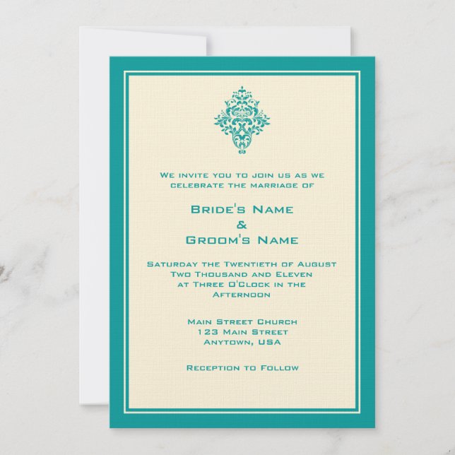A7 Cream & Teal Blue Simple Wedding Invitations (Front)