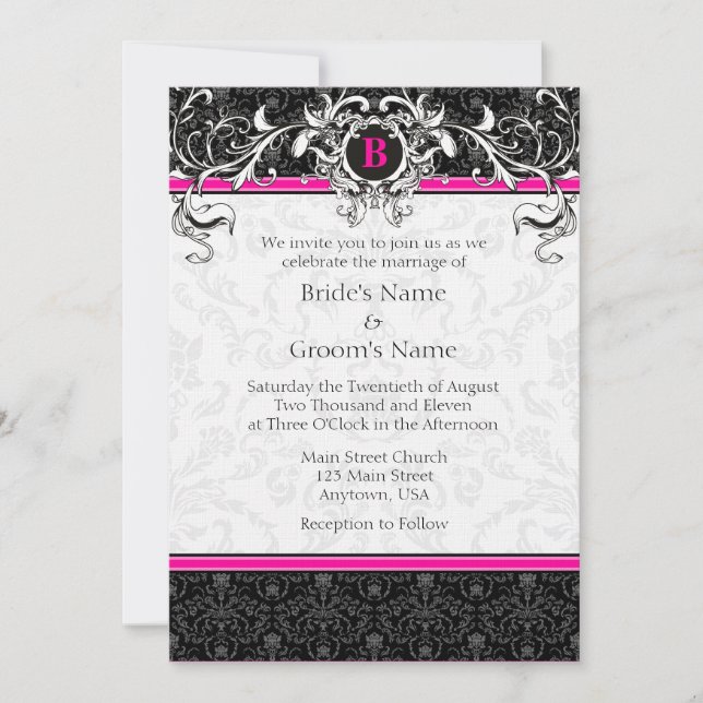 A7 Hot Pink Black Damask Monogram Wedding Invites (Front)