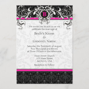 A7 Hot Pink Black Damask Monogram Wedding Invites