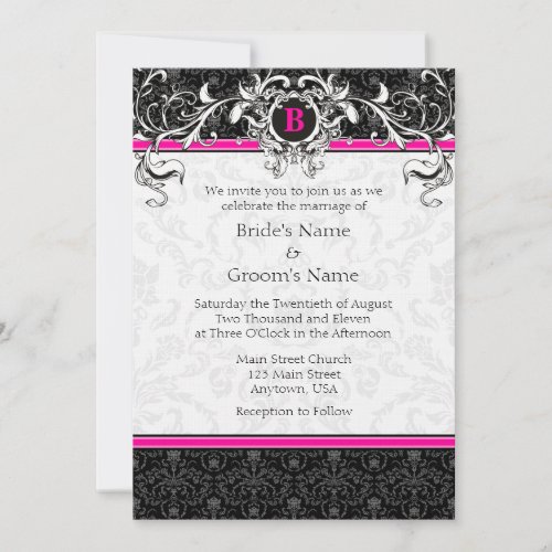 A7 Hot Pink Black Damask Monogram Wedding Invites