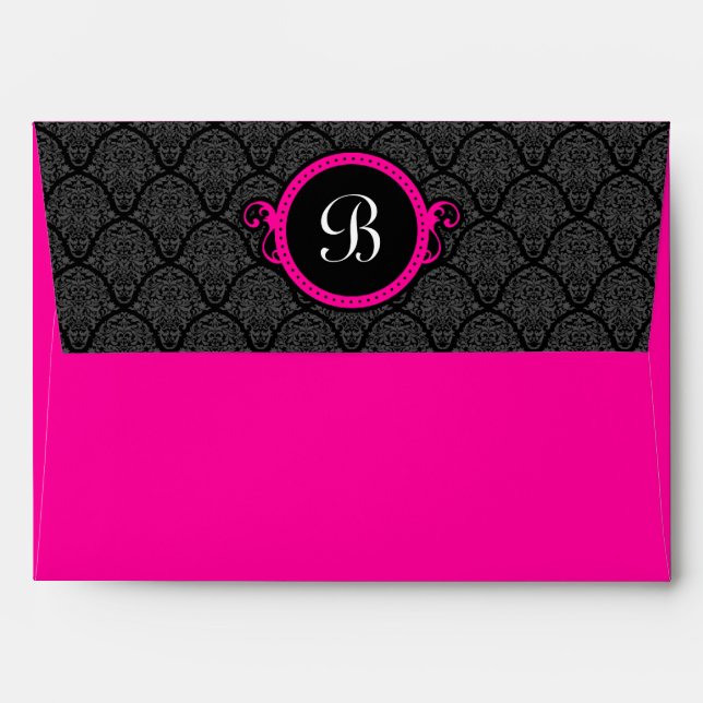 A7 Hot Pink Damask Flap Monogram Envelopes (Back (Top Flap))
