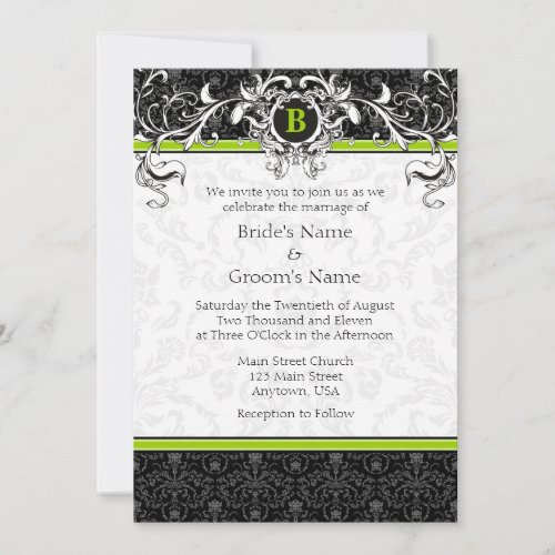A7 Lime Green Black Damask Monogram Wedding Invite