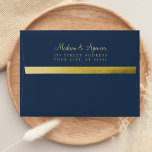 A7 Navy Gold Foil Return Address Wedding Mailing Envelope<br><div class="desc">A navy blue 5x7 envelope with a faux Gold foil Lining Inside. This elegant and sparkly metallic gold all purpose navy blue envelope is a classy way to send invitations. You can customize and personalize your name and address on the back flap. Great for special occasion invites, thank you cards,...</div>